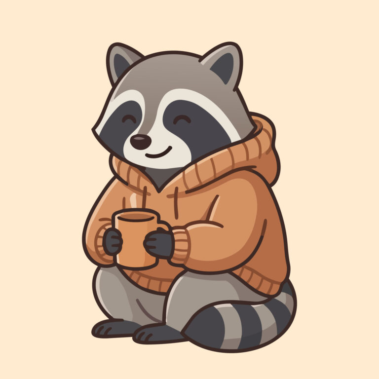 Cute Raccoon Wearing Orange Hoodie and Holding Mug Vector Illustration (AI, PDF, EPS)