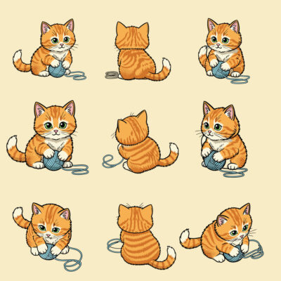 Cute Orange Kitten Playing with Yarn Vector Illustration (AI, PDF)
