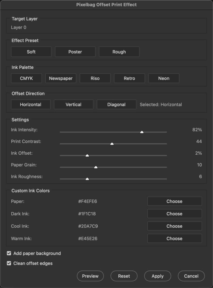 Offset print effect settings preview